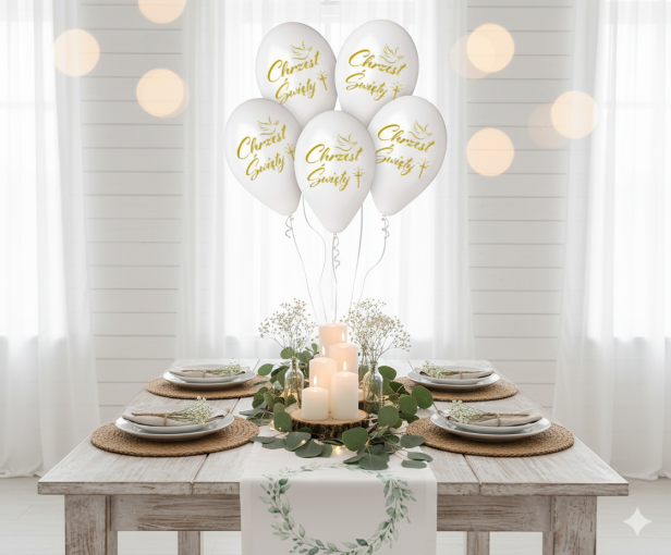 Balony CHRZEST ŚWIĘTY białe ze złotym nadrukiem – zestaw 5 szt. (lateksowe 30 cm)