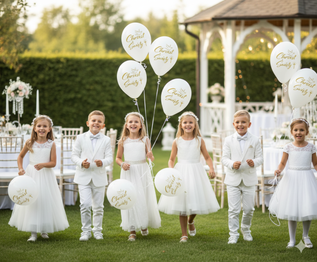 Balony CHRZEST ŚWIĘTY białe ze złotym nadrukiem – zestaw 5 szt. (lateksowe 30 cm)