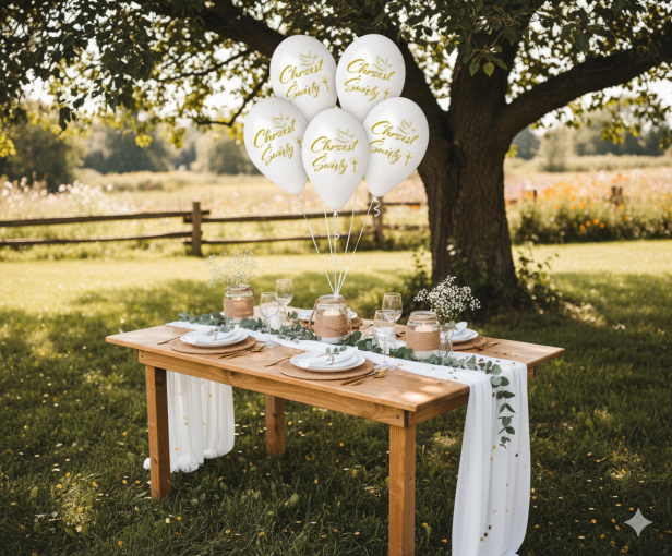 Balony CHRZEST ŚWIĘTY białe ze złotym nadrukiem – zestaw 5 szt. (lateksowe 30 cm)