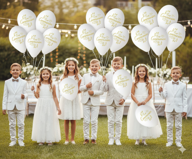 Balony komunijne „FIRST COMMUNION” – 5 szt. (lateksowe 30 cm)
