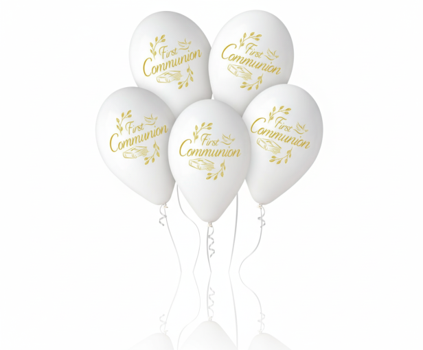 Balony komunijne „FIRST COMMUNION” – 5 szt. (lateksowe 30 cm)