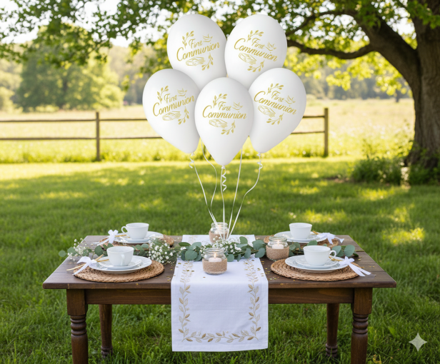 Balony komunijne „FIRST COMMUNION” – 5 szt. (lateksowe 30 cm)