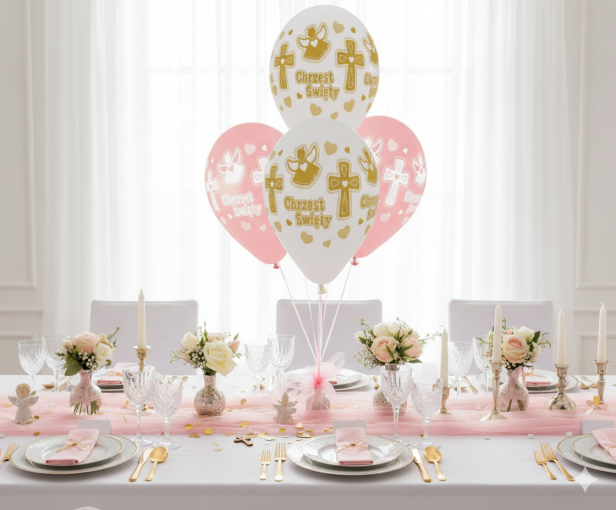 Balony CHRZEST ŚWIĘTY „Aniołek i Krzyż” – biało-różowe, zestaw 5 szt. (lateksowe 30 cm)