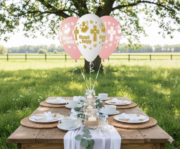 Balony CHRZEST ŚWIĘTY „Aniołek i Krzyż” – biało-różowe, zestaw 5 szt. (lateksowe 30 cm)