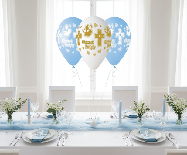 Balony CHRZEST ŚWIĘTY „Aniołek i Krzyż” – biało-niebieskie, zestaw 5 szt. (lateksowe 30 cm)
