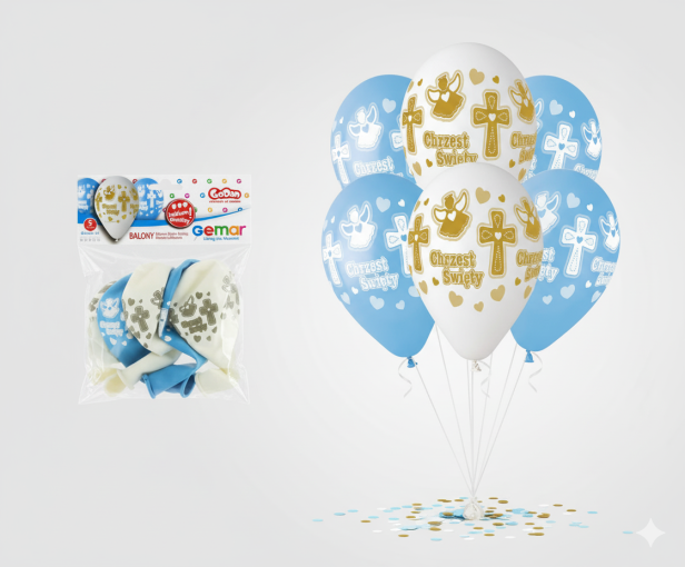 Balony CHRZEST ŚWIĘTY „Aniołek i Krzyż” – biało-niebieskie, zestaw 5 szt. (lateksowe 30 cm)