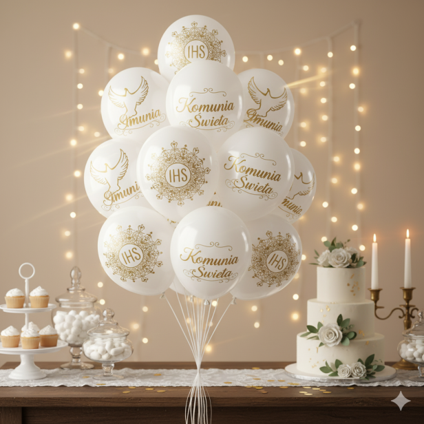 Balony KOMUNIA ŚWIĘTA „Złota Mandala IHS” – białe, zestaw 6 szt. (lateksowe 30 cm)