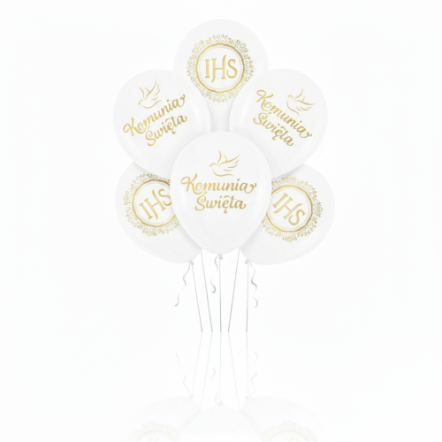 Balony komunijne Złota Mandala IHS – białe 30 cm, 6 szt.