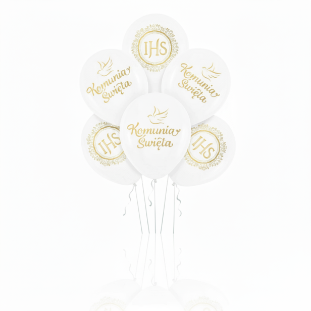 Balony KOMUNIA ŚWIĘTA „Złota Mandala IHS” – białe, zestaw 6 szt. (lateksowe 30 cm)