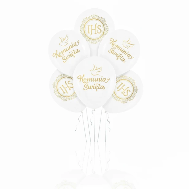 Balony komunijne Złota Mandala IHS – białe 30 cm, 6 szt.
