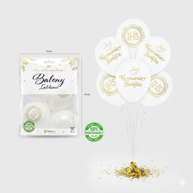 Balony KOMUNIA ŚWIĘTA „Złota Mandala IHS” – białe, zestaw 6 szt. (lateksowe 30 cm)