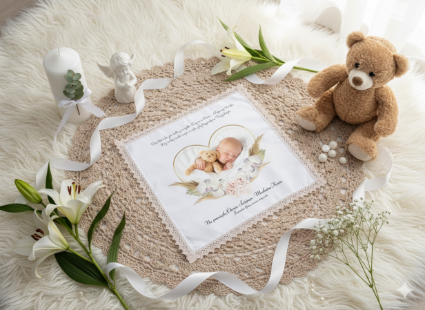 projekt ze zdjęciem - Szatka KRZYŻMO z nadrukiem BOHO – personalizowana pamiątka Chrztu Świętego