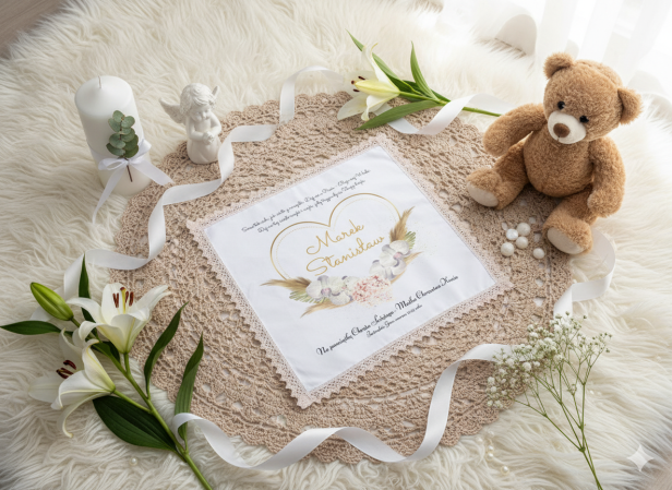 projekt z wierszem - Szatka KRZYŻMO z nadrukiem BOHO – personalizowana pamiątka Chrztu Świętego