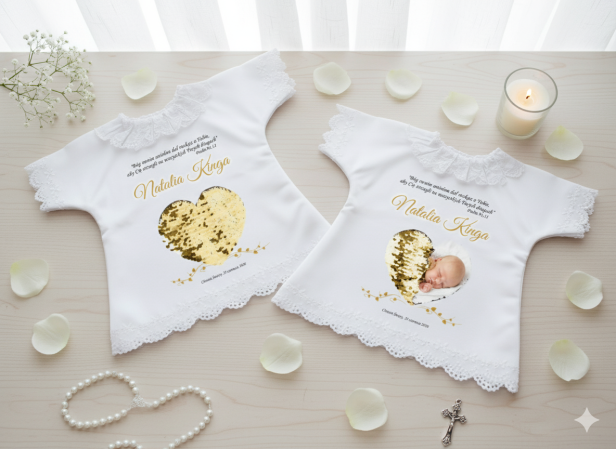 złota wersja - Szatka na Chrzest SECRET HEART – koszulka z cekinowym sercem i zdjęciem dziecka
