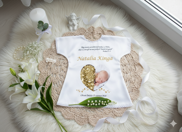 Szatka na Chrzest SECRET HEART – koszulka z cekinowym sercem i zdjęciem dziecka