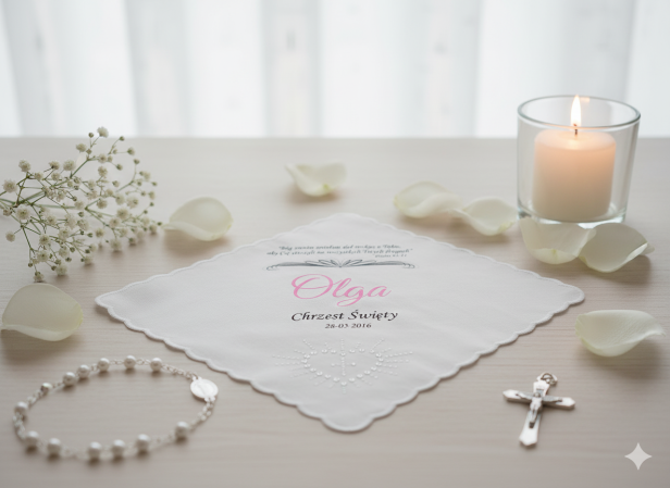 projekt - różowy -Szatka na Chrzest ANGEL HEART z dżetami – chusteczka z cytatem z Psalmu 91,11