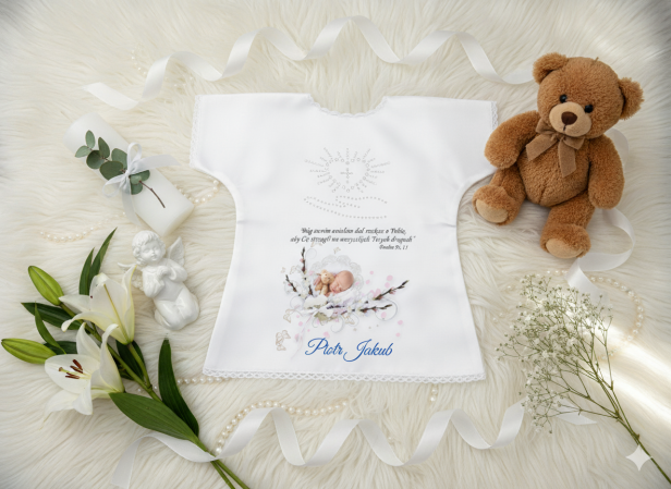 projekt  Niebieski -  Szatka na Chrzest LITTLE ANGEL ze zdjęciem – personalizowana pamiątka Chrztu Świętego