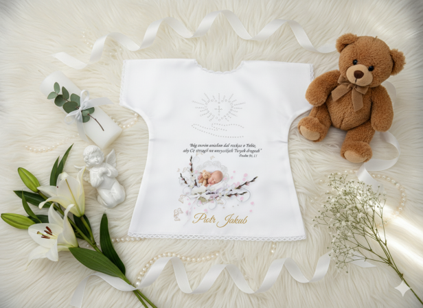 projekt zloty -  Szatka na Chrzest LITTLE ANGEL ze zdjęciem – personalizowana pamiątka Chrztu Świętego
