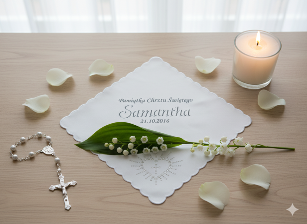 projekt BIAŁY - Szatka na Chrzest PURE HEART z dżetami – personalizowana chusteczka Chrztu Świętego