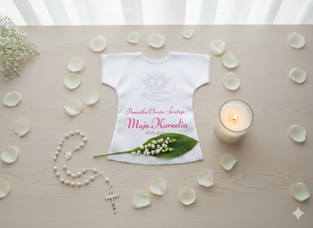 RÓZOWY - Szatka na Chrzest PURE HEART z dżetami – personalizowana koszulka Chrztu Świętego