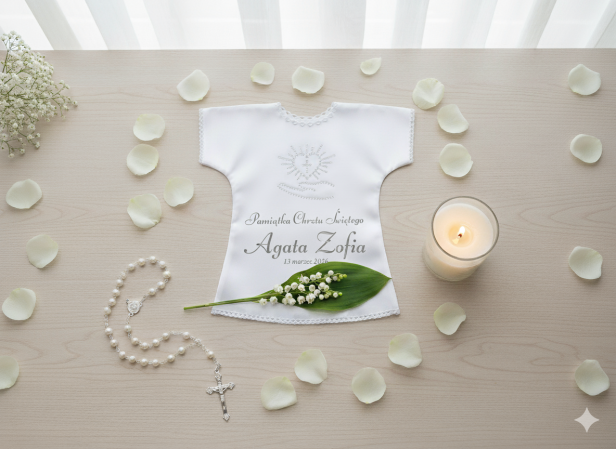 SREBNY/PLATYNOWY - Szatka na Chrzest PURE HEART z dżetami – personalizowana koszulka Chrztu Świętego