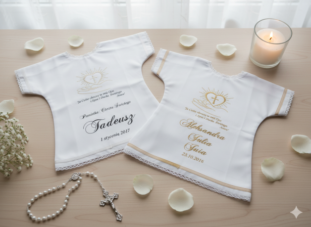 kolorystyka do wyboru - Szatka na Chrzest PURE HAND – koszulka z haftem serca na dłoni i nadrukiem