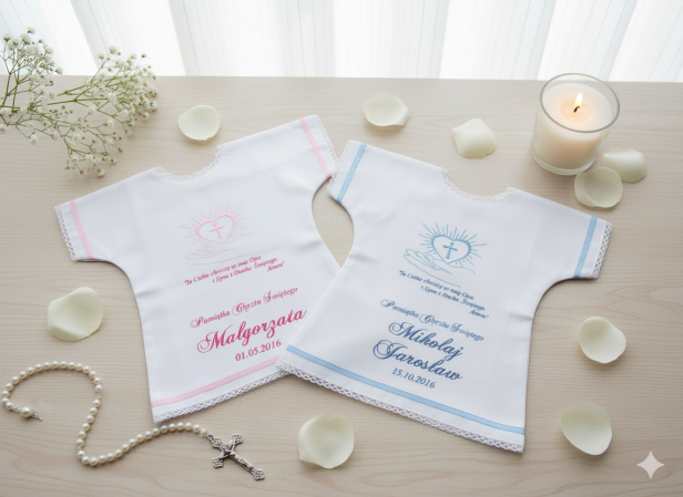 kolorystyka do wyboru - Szatka na Chrzest PURE HAND – koszulka z haftem serca na dłoni i nadrukiem