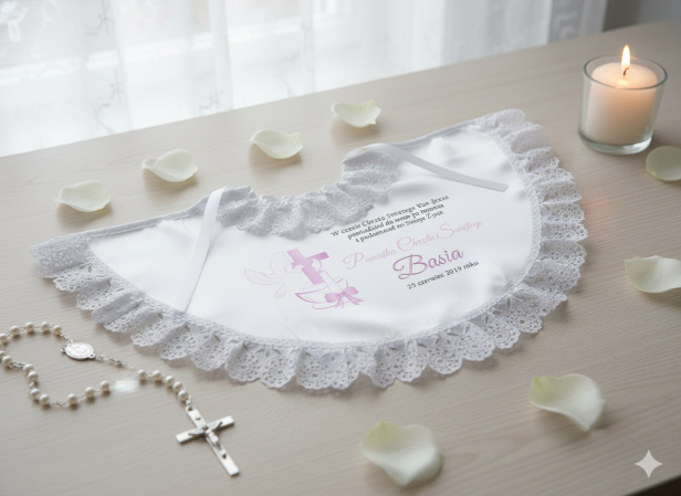 projekt RÓŻOWY - Szatka na Chrzest – Linia PURE z imieniem i emblematem CHRZEST