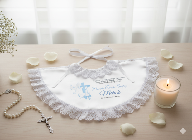 projekt NIEBIESKI -Szatka na Chrzest – Linia PURE z imieniem i emblematem CHRZEST