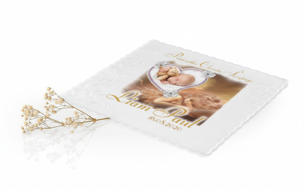 Szatka na Chrzest z imieniem i zdjęciem dziecka – Pamiątka Chrztu Świętego (Aniołek) | Kolekcja Richelieu Elegance