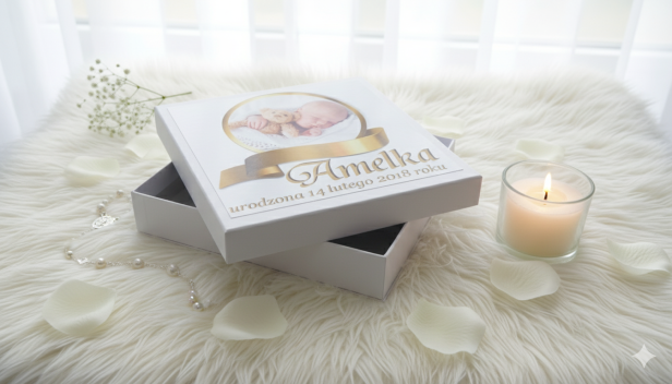 Pudełeczko ze zdjęciem dziecka – pamiątka Chrztu Świętego