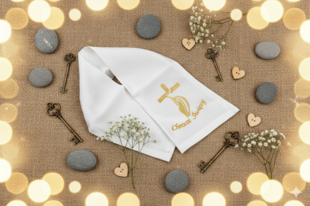 haft ZŁOTY - Szal do Chrztu Świętego z haftem „Krzyż Nowoczesny” – Linia SIGNUM