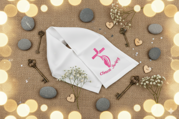 haft RÓŻOWY - Szal do Chrztu Świętego z haftem „Krzyż Nowoczesny” – Linia SIGNUM