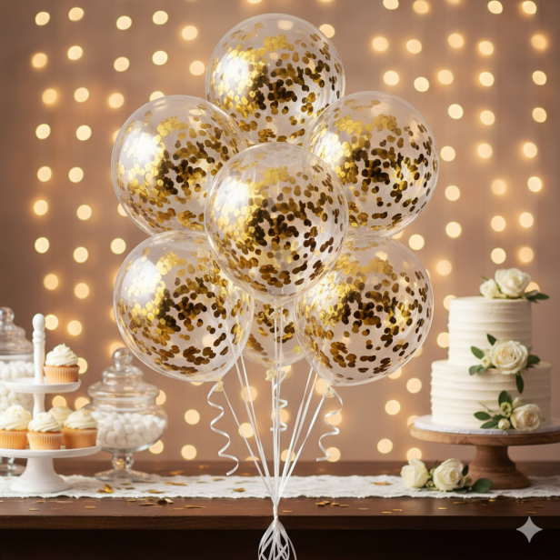 Balony GOLD CHROM z konfetti – zestaw 4 szt. (lateksowe 30 cm)