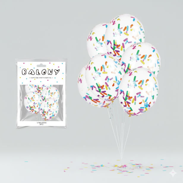 Balony z kolorowym konfetti – zestaw 5 szt. (lateksowe 30 cm)