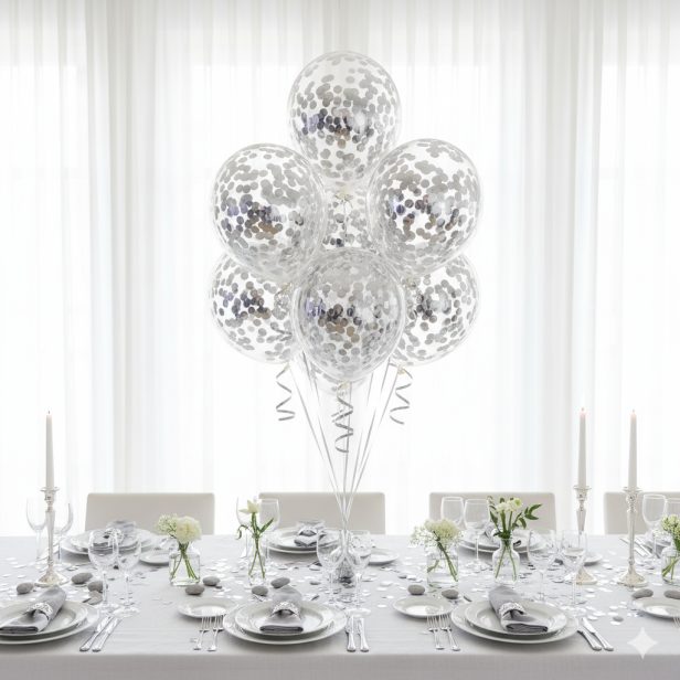 Balony SILVER z konfetti – zestaw 4 szt. (lateksowe 30 cm)