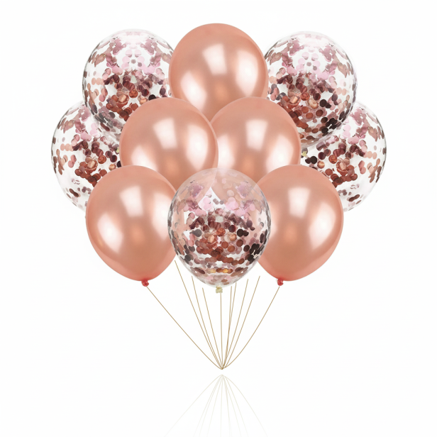 Balony ROSE GOLD CHROM z konfetti – zestaw 10 szt. (lateksowe 30 cm)