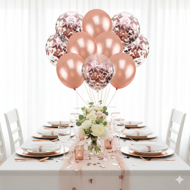 Balony ROSE GOLD CHROM z konfetti – zestaw 10 szt. (lateksowe 30 cm)