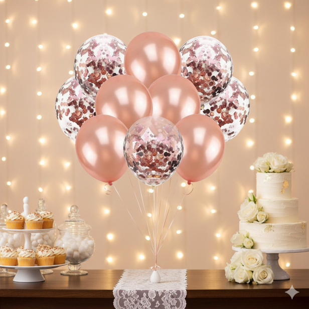 Balony ROSE GOLD CHROM z konfetti – zestaw 10 szt. (lateksowe 30 cm)