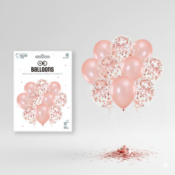 Balony ROSE GOLD CHROM z konfetti – zestaw 10 szt. (lateksowe 30 cm)