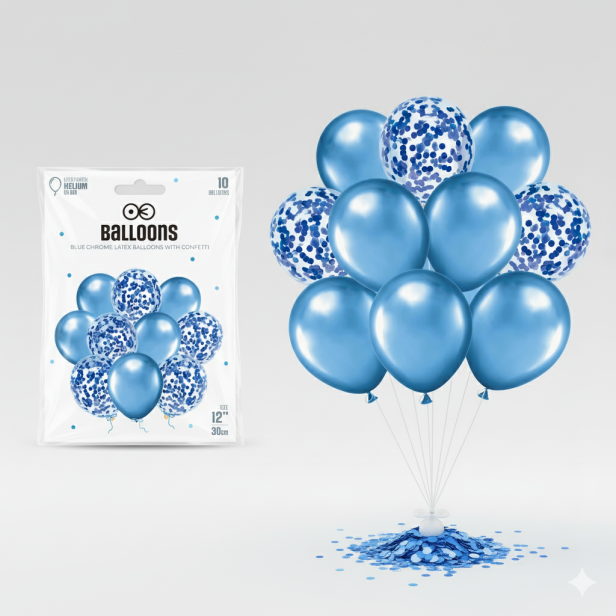 Balony ROYAL BLUE CHROM z konfetti – zestaw 10 szt. (lateksowe 30 cm)