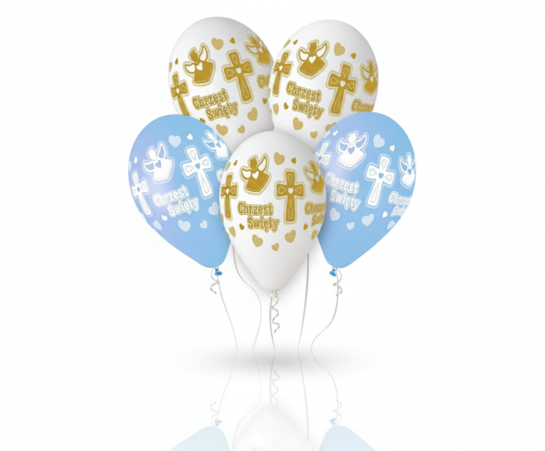 Balony CHRZEST ŚWIĘTY „Aniołek i Krzyż” – biało-niebieskie, zestaw 5 szt. (lateksowe 30 cm)