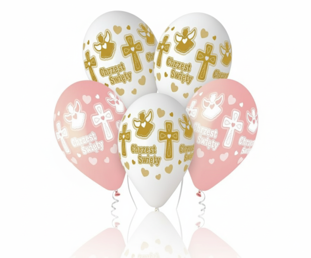 Balony CHRZEST ŚWIĘTY „Aniołek i Krzyż” – biało-różowe, zestaw 5 szt. (lateksowe 30 cm)