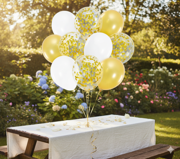 Balony BIAŁY & GOLD z konfetti – zestaw 10 szt. (lateksowe 30 cm)