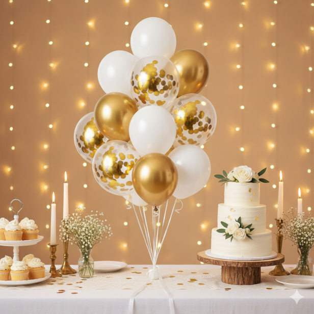 Balony BIAŁY & GOLD z konfetti – zestaw 10 szt. (lateksowe 30 cm)