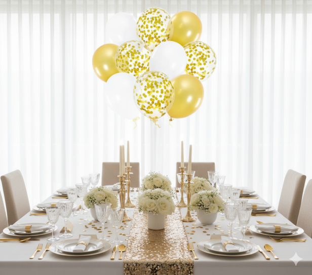 Balony BIAŁY & GOLD z konfetti – zestaw 10 szt. (lateksowe 30 cm)
