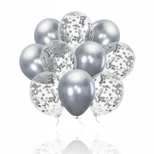 Balony SILVER CHROME z konfetti – srebrne 30 cm | 10 szt.