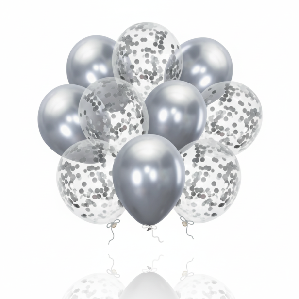 Balony SILVER CHROME z konfetti – zestaw 10 szt. (lateksowe 30 cm)