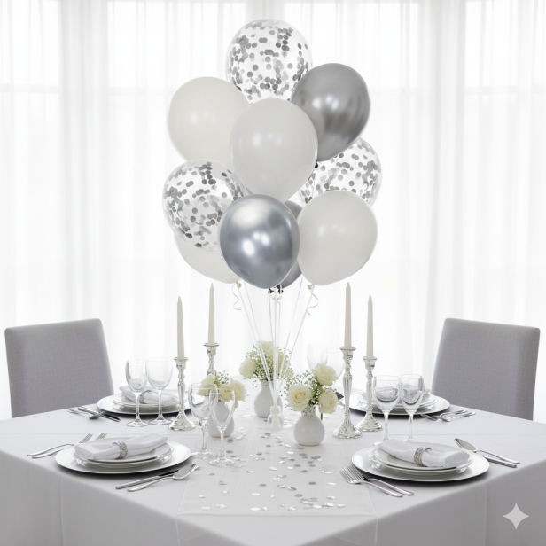 Balony SILVER CHROME z konfetti – zestaw 10 szt. (lateksowe 30 cm)