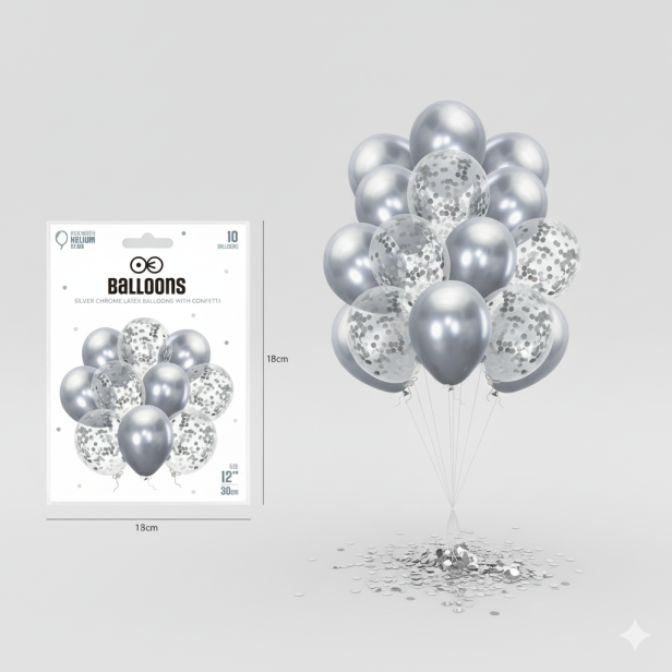 Balony SILVER CHROME z konfetti – zestaw 10 szt. (lateksowe 30 cm)